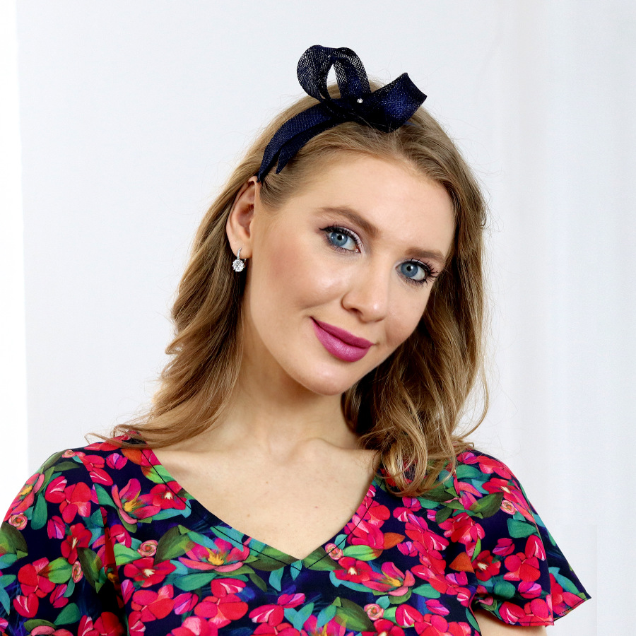 Rachel - tmavo modrá mašľa na čelenke