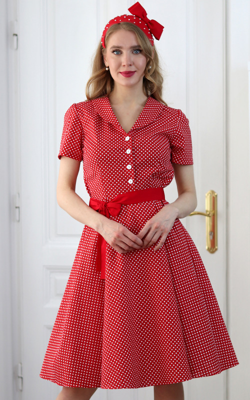 Colette - červené košeľové šaty s bielymi bodkami 6