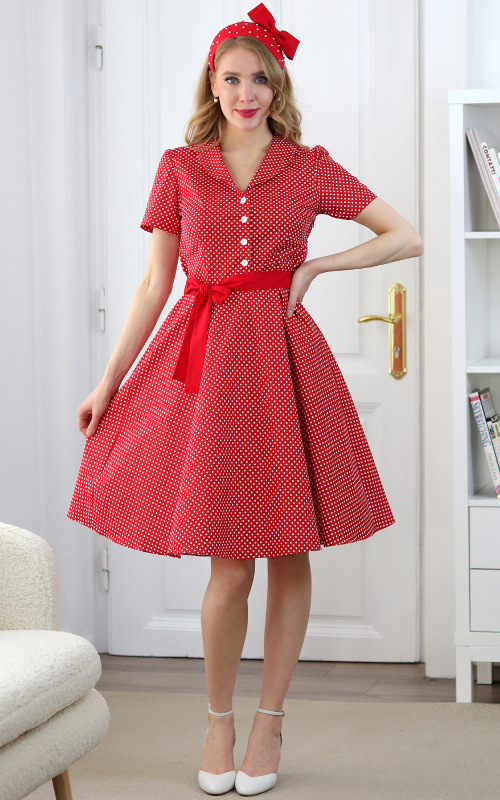 Colette - červené košeľové šaty s bielymi bodkami 3