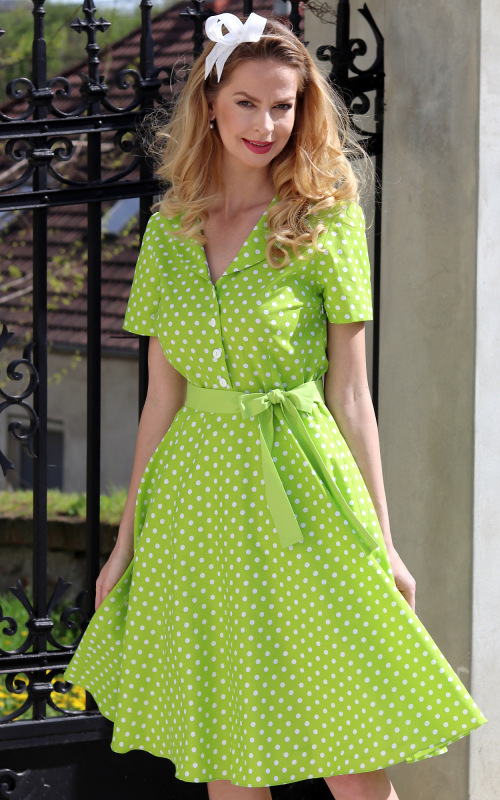 Colette - košeľové šaty s bielymi bodkami na limetkovom podklade