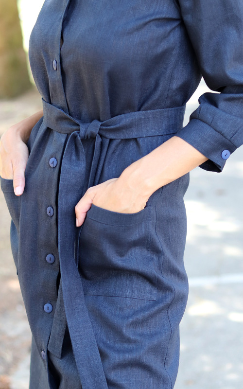 Hazel - tmavo modré ľanové košeľové šaty 4