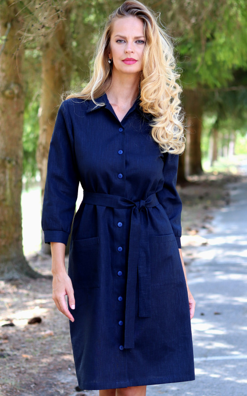 Hazel - tmavo modré ľanové košeľové šaty 1