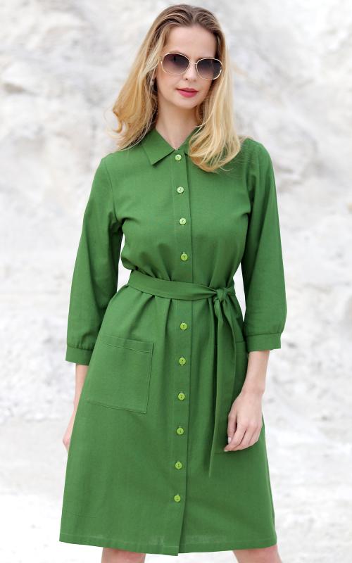 Hazel - košeľové ľanové šaty zelené