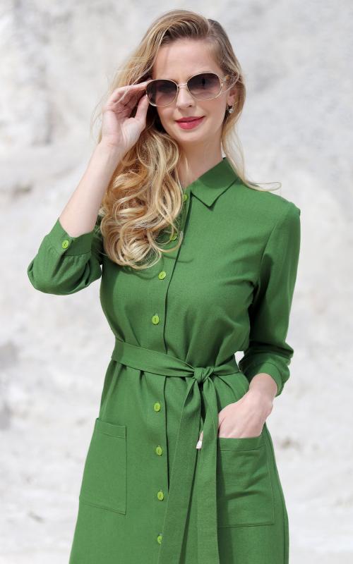 Hazel - košeľové ľanové šaty zelené