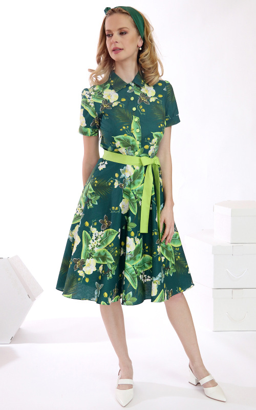 Amber - košeľové šaty s orchideami na zelenom podklade 4