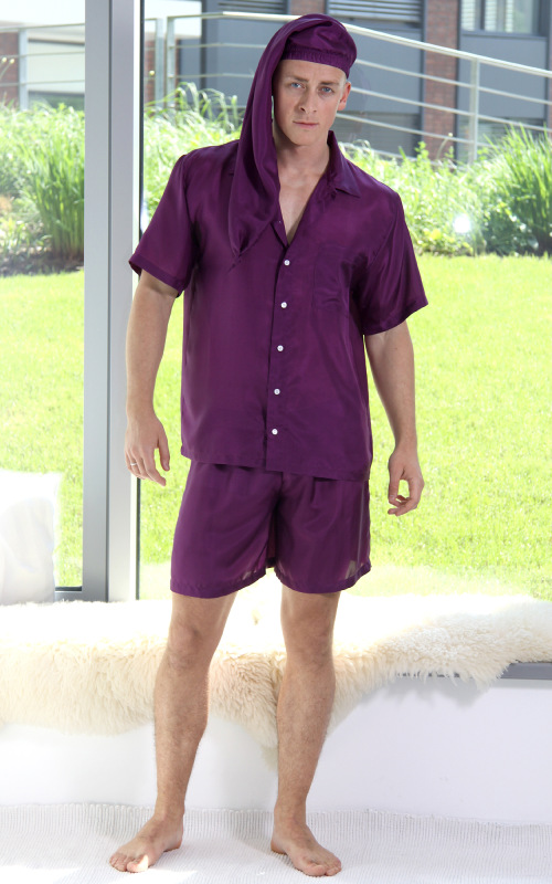 Fialová hodvábna košeľa a šortky, veľkosť M 1