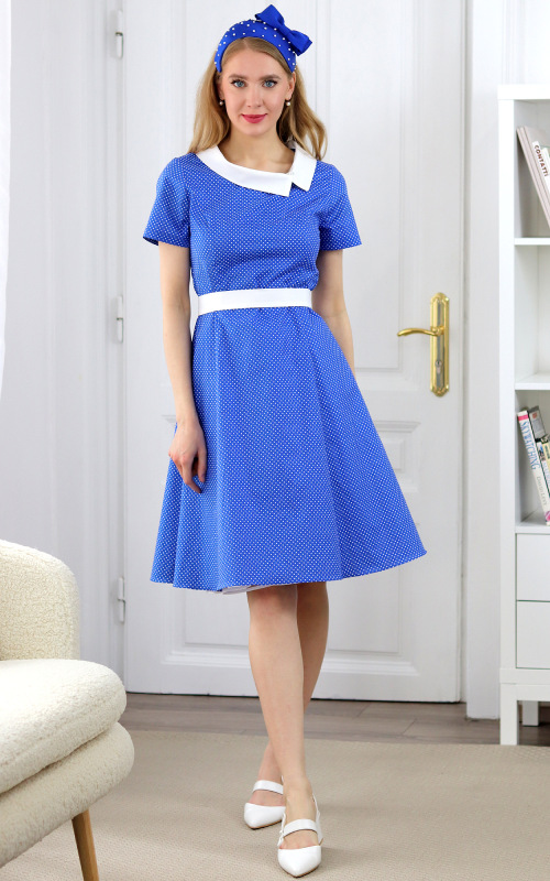 Eleanor - modré bavlnené princesové šaty s bielymi bodkami 1