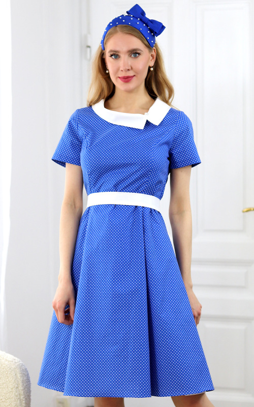 Eleanor - modré bavlnené princesové šaty s bielymi bodkami