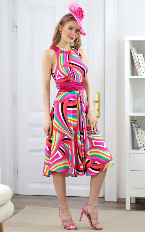 Tiffany - pestrofarebné fuchsiové šaty s polkolovou sukňou 1