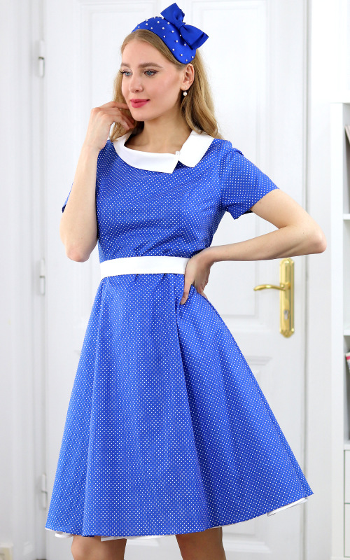Eleanor - modré bavlnené princesové šaty s bielymi bodkami 5