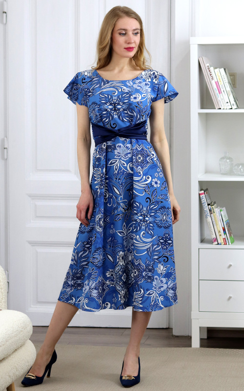 Erin - modré midi šaty s veľkým vzorom 2