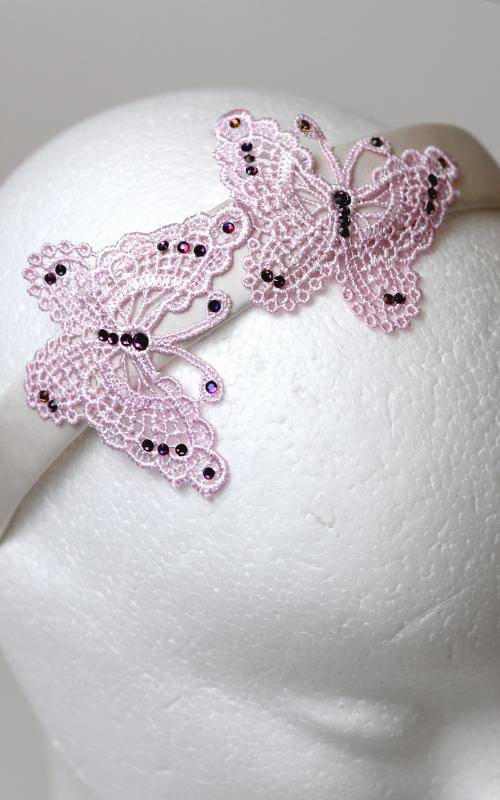 Motýle - hodvábna čelenka s ružovou čipkou